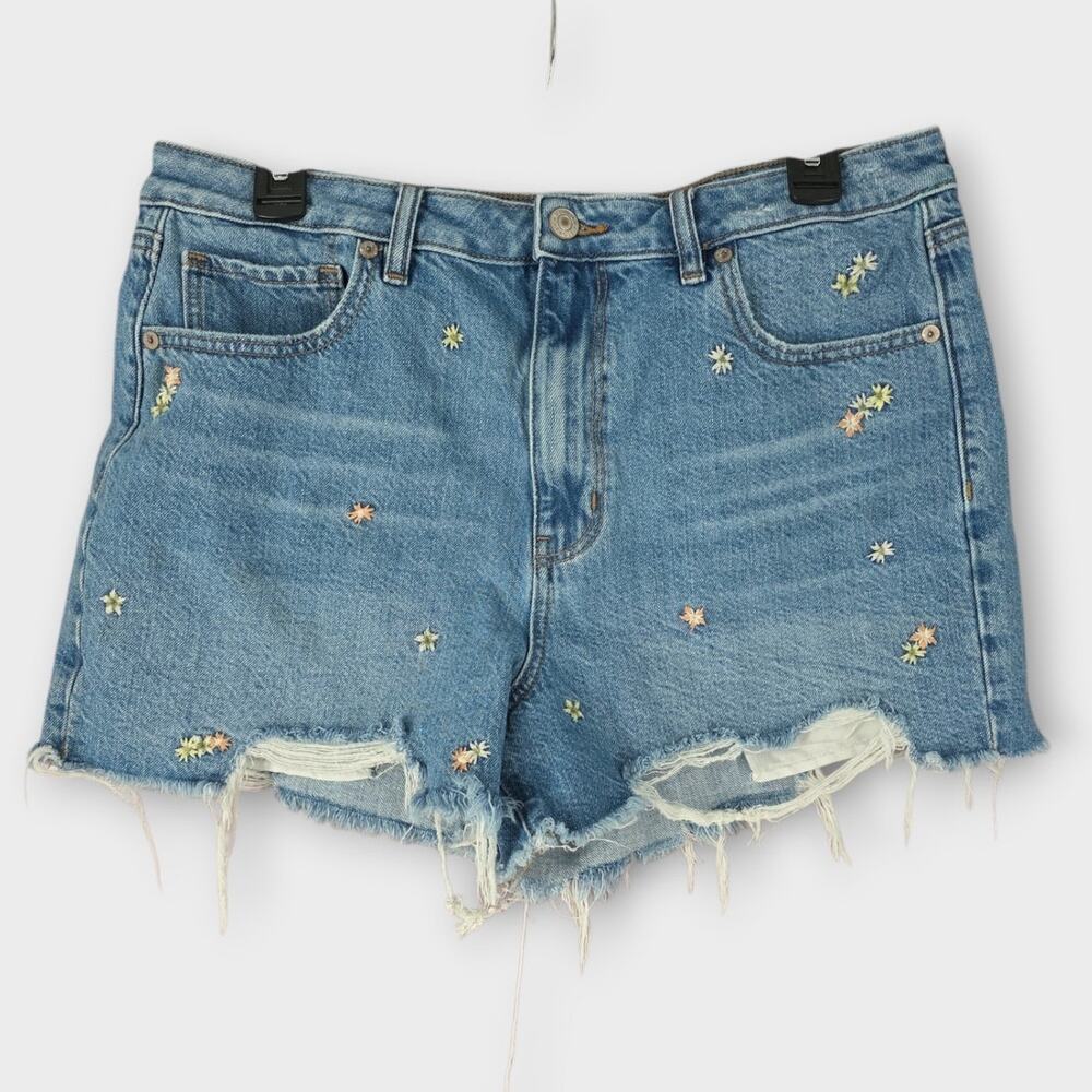American Eagle Jean Shorts Women's Sz 14 Distressed Frayed Embroidered Mom Short